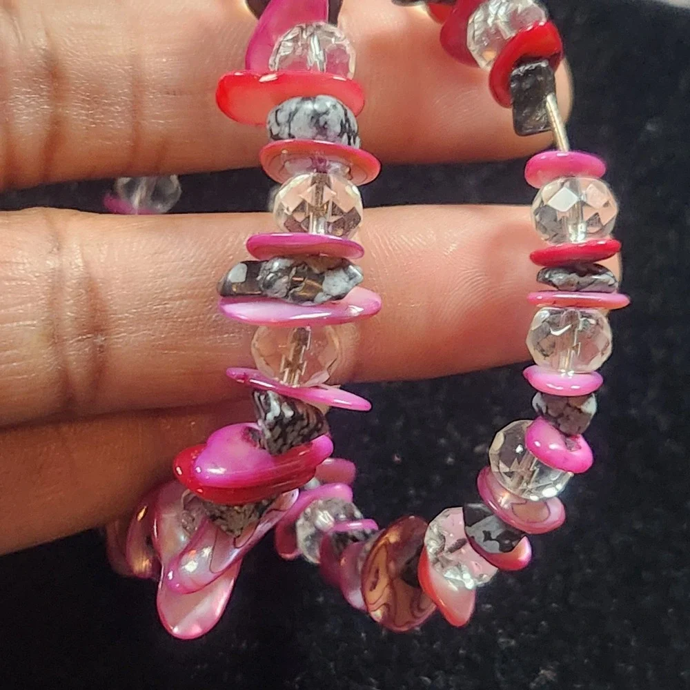 Pink Red Shell Chip Memory Wire Wrap Bracelet Snowflake Obsidian Glass Beads